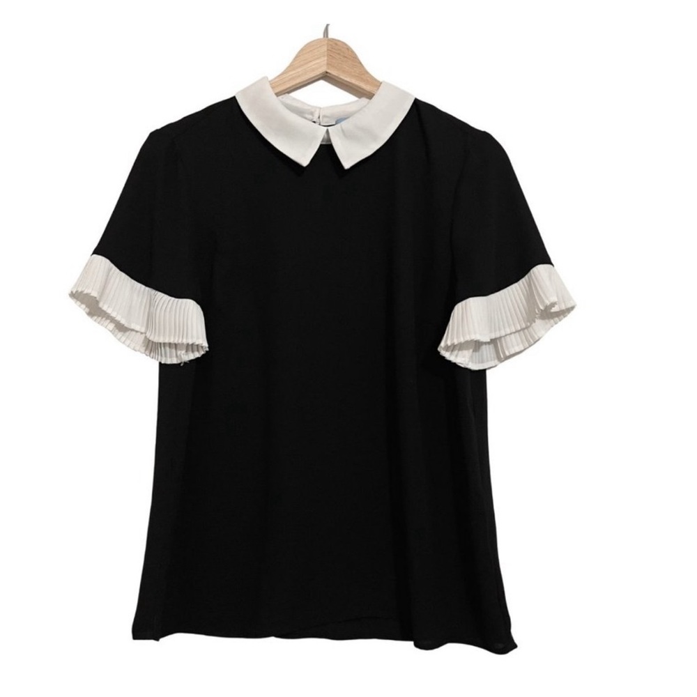 NWT CeCe Blouse Womens Small Black Short Sleeve Collared Pleated Sleeves Dressy